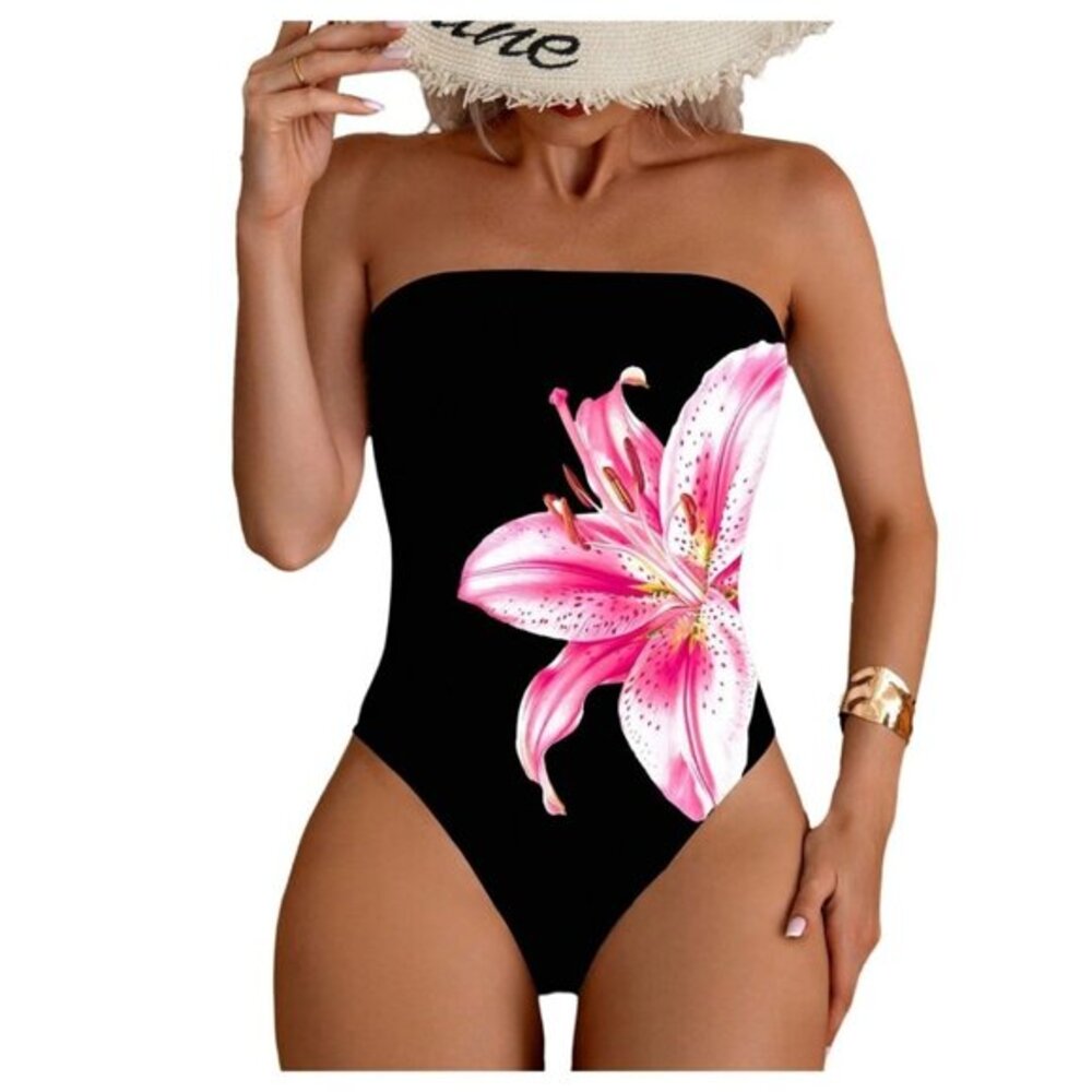 Strapless Black One-Piece Swimsuit with Pink Floral Accent